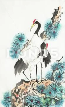 Two storks on a pine branch Stock Illustration