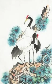 Two storks on a pine branch Stock Illustration