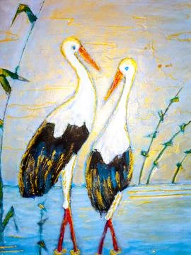Two storks stand in a pond. A married couple of storks. Stock Illustration