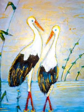 Two storks stand in a pond. A married couple of storks. Stock Illustration