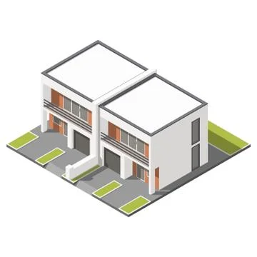 Two story connected cottage with flat roof isometric icon set Stock Illustration