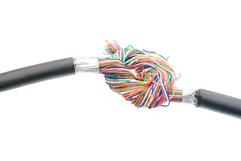 Two stranded communication wires are connected in a knot. Multicolored teleph 库存照片