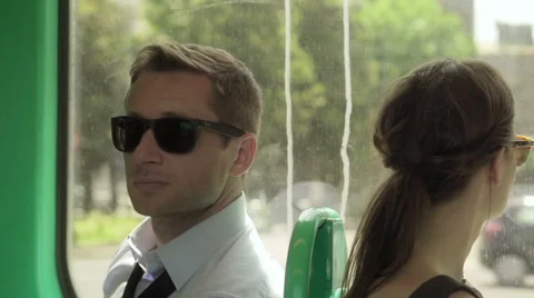 Two strangers riding in the bus, steadycam shot Stockbeeldmateriaal 54589294