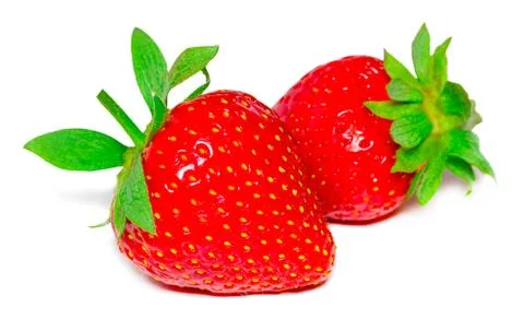 Two strawberries close up on white background Stock Photos