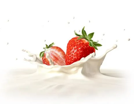 Two strawberries falling into milk splashing. Stock Illustration
