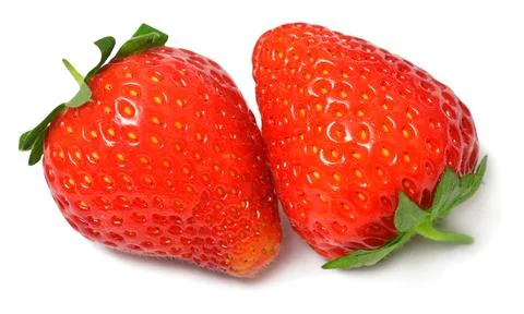 Two strawberries macro isolated on white background Stock Photos