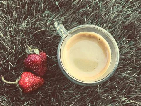 Two strawberrys on the grass with coffee Stock Photos