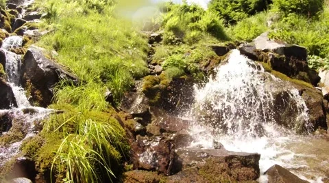 Two Streams Flow Side by Side by Cascades Splashes on Camera Stock Footage 66579281