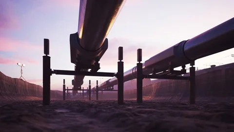 Two streams of pipeline running through the flooded excavation Stock Footage 88280383