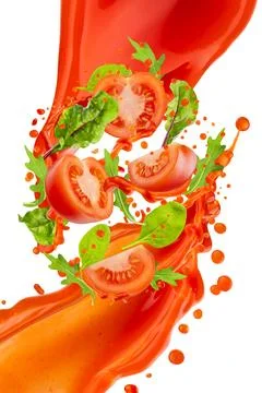 Two streams of vivid red vegetable juice dynamic pouring, join in air with fl Stock Photos
