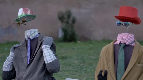 Two Street Performers Illusion Empty Suits Props Comedy Movement Puppets Stock Footage 97891523