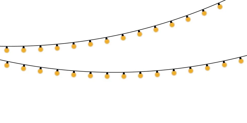 Two strings of yellow string lights on black wires against white background Stock Illustration