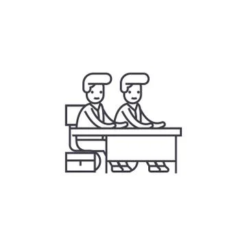 Two students at the desk vector line icon, sign, illustration on background Stock Illustration