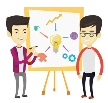 Two students discussing project near board Illustrazione stock