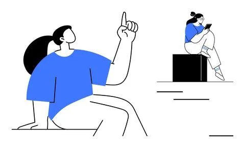 Two Students Engaging in Discussion and Research, One Sitting with Hand Rai.. Stock Illustration