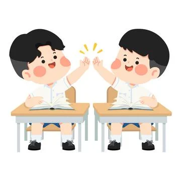 Two students high five at desks while studying Stock Illustration