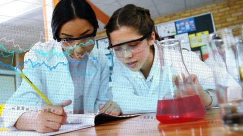 Two students leaning over lab notebook documenting red flask for lab as blue Stock Footage 334372980