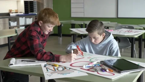 Two students making poster in classroom Stockbeeldmateriaal 221035809