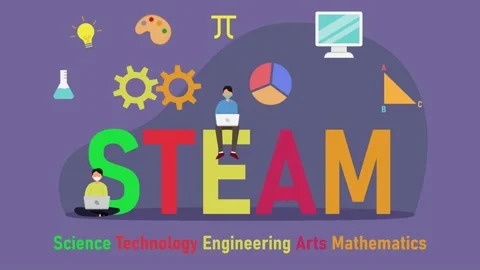 Two students in mask using laptop with STEAM word Stock Footage 152496901