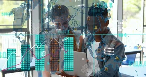 Two students navigating laptop, activating map and charts overlaying view, Stock Footage 334182300