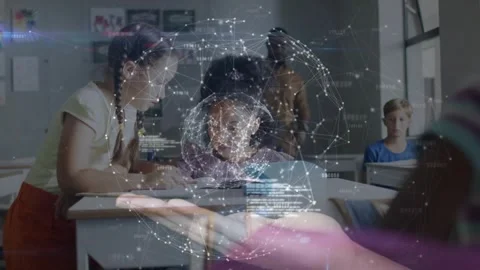 Two students pointing at workbook solving math problems as AR globe emerging Stock Footage 320128270