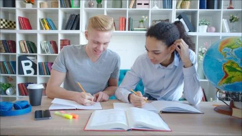 Two students preparing for exam in campus library Stock Photos