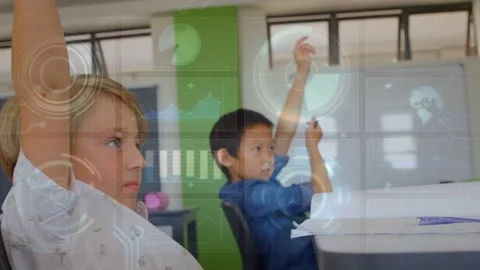 Two students raising hands as teacher asking question in class, HUD overlays Stock Footage 333034875