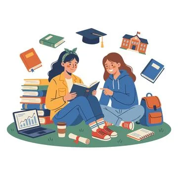 Two Students Reading Book Surrounded by Graduation Icons and School Books Stock Illustration