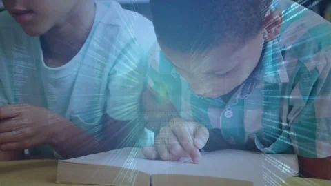 Two students right placing finger tracing text peer holding card overlay Stock Footage 333494797