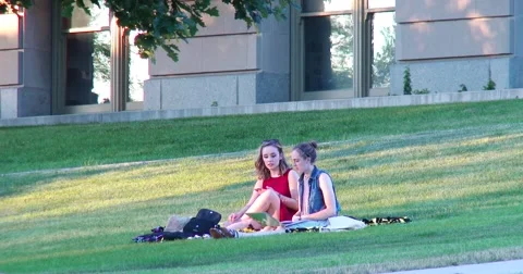 Two Students Studying on Lawn - College Campus Stock Footage 64823185