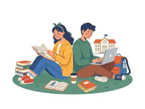 Two Students Studying Together with Books Laptop and School Building Stock Illustration