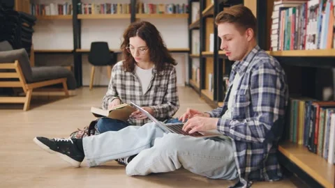 Two students studying together in a cozy library corner while seated on the Stock Footage 318095315