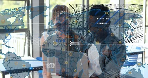Two students tapping laptop and pointing screen, layering AR HUD with world map 스톡 동영상 333774300