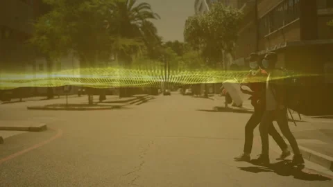 Two students walking campus street, exploring education map with floating pins Stock-Footage 307856987