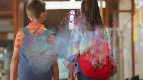 Two students walking toward brighter doorway, steps causing math doodles and Stock Footage 333790310