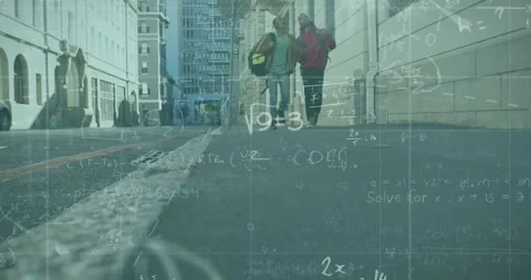 Two students walking toward camera from curb, causing math overlay while Video stock 334311744