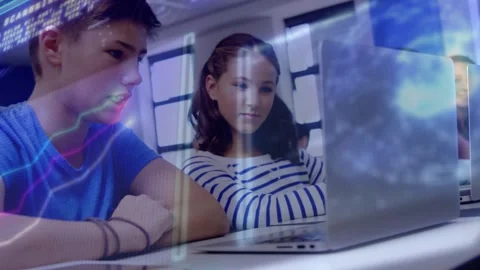 Two students working on laptop initiating code and globe overlay to learn coding Video stock 317486702