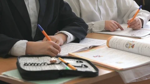 Two students write in exercise book with ball pen Stock-Footage 77696214