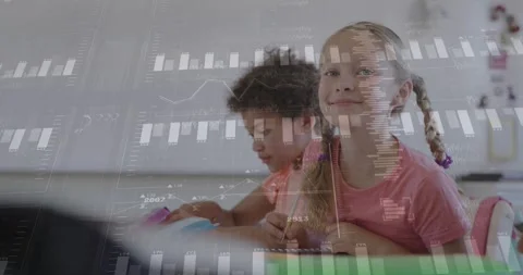 Two students writing and tapping tablet in class, input starting data charts Stock Footage 331109023