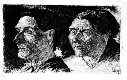 Two studies of heads. Ernst Klotz. Germany, circa 1896. Prints; etchings. E.. Illustrazione stock