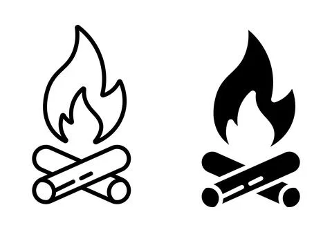 Two stylized campfire one outlined one solid black Stock Illustration