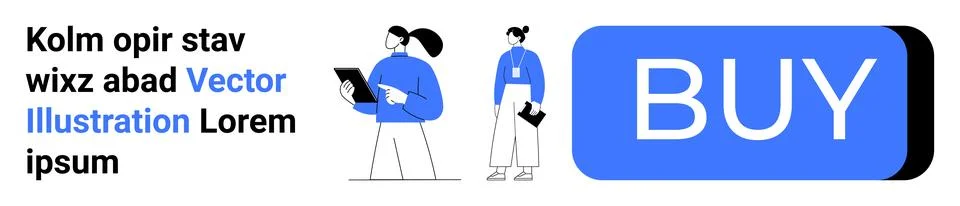 Two stylized characters interact next to a large Buy button on the right. Tex Illustrazione stock