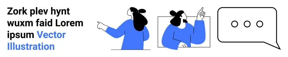 Two stylized characters, one pointing and the other gesturing, alongside text Stock Illustration