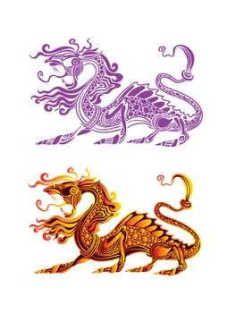 Two stylized dragons in different colors, china, tattoo, isolated object on w 스톡 일러스트