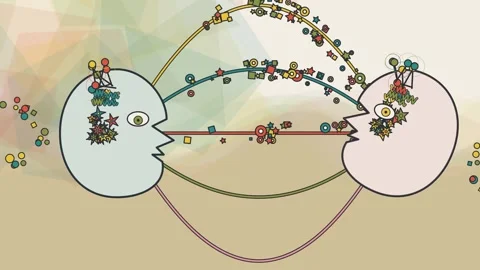 Two Stylized Faces Exchanging Colorful Thoughts And Data Animation Stock Footage 340940560