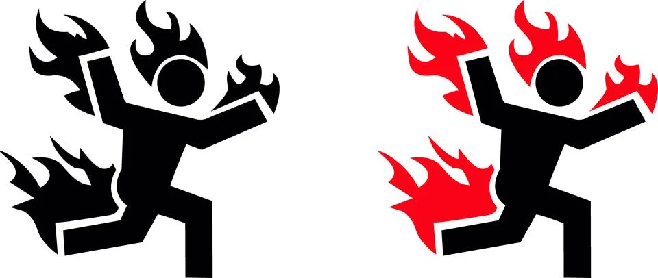 Two stylized figures in motion surrounded by flames silhouette Stock Illustration