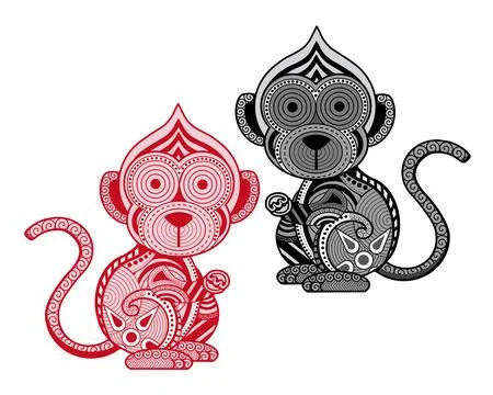 Two stylized monkey illustrations representing the Chinese zodiac sign. 스톡 일러스트