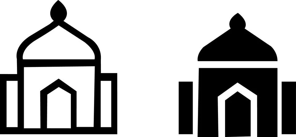 Two stylized mosque icons one outline and one solid black silhouette Stock Illustration