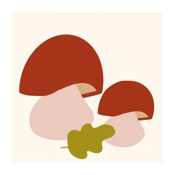 Two stylized mushrooms with a leaf on a light background Stock Illustration