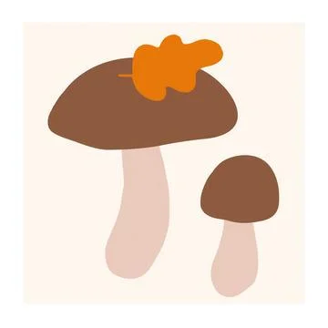Two stylized mushrooms with an orange leaf found on a light background Stock Illustration